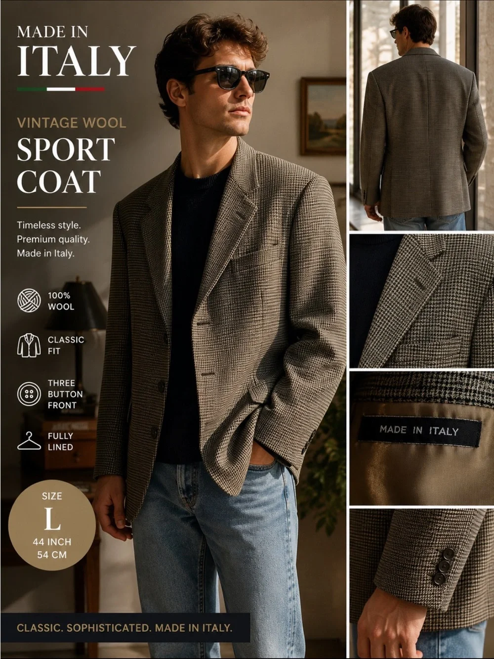 Made in Italy Vintage Wool Houndstooth Sport Coat — Brown